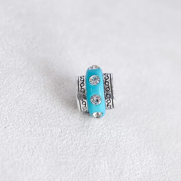 Brighton Barrel Charm Spacer Bead Blue Enamel Rhinestone Silver Plated Retired - Picture 3 of 4